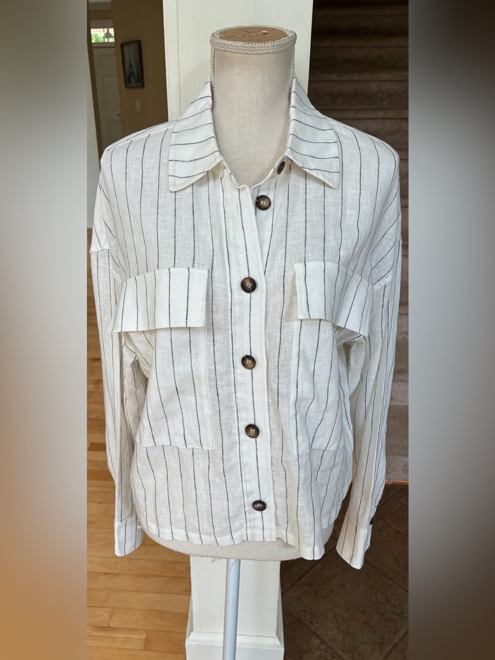 Sanctuary Linen Blend Jacket with Black Pinstripes